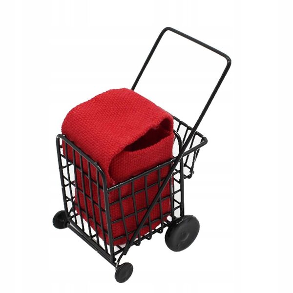 Miniature carrello della spesa in metallo con borsa rossa per casa delle bambole 1:12