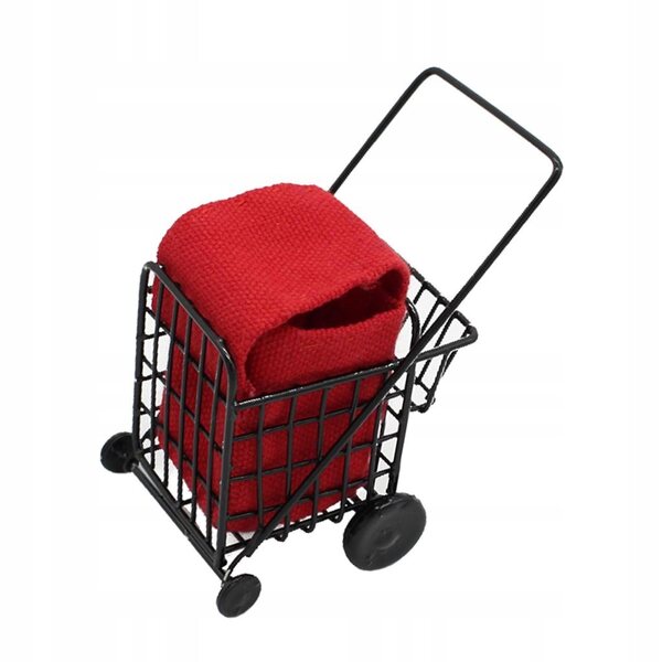 Miniature carrello della spesa in metallo con borsa rossa per casa delle bambole 1:12