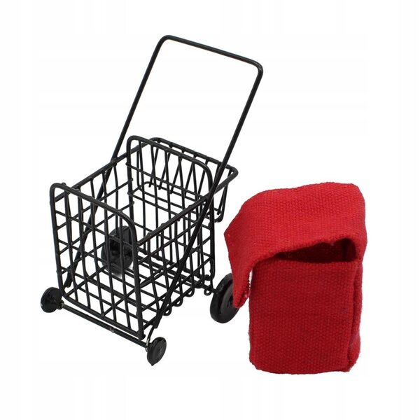 Miniature carrello della spesa in metallo con borsa rossa per casa delle bambole 1:12
