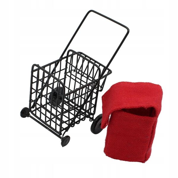 Miniature carrello della spesa in metallo con borsa rossa per casa delle bambole 1:12