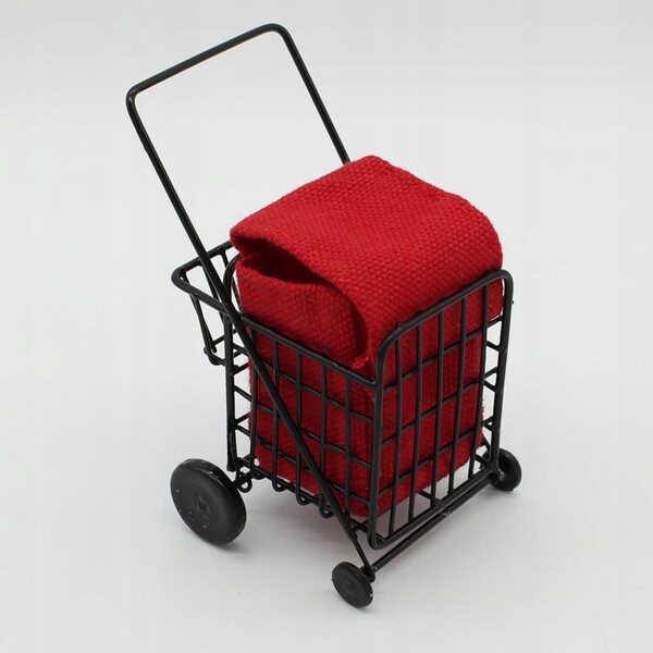 Miniature carrello della spesa in metallo con borsa rossa per casa delle bambole 1:12