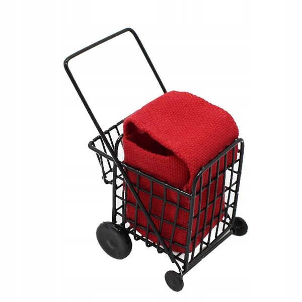 Miniature carrello della spesa in metallo con borsa rossa per casa delle bambole 1:12