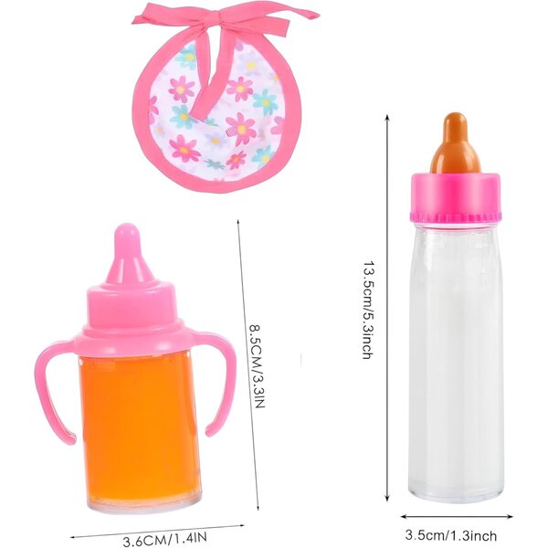 Set Biberon Magico Bambole 3 Pezzi con Latte e Bottiglia Effetto Reale + Bavaglino