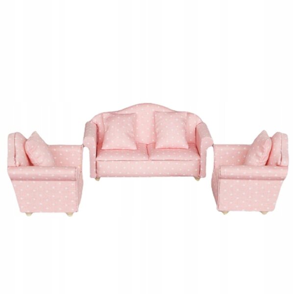 Holzmöbel-Set für Puppenhaus 1:12 – Rosa Sofa mit Kissen