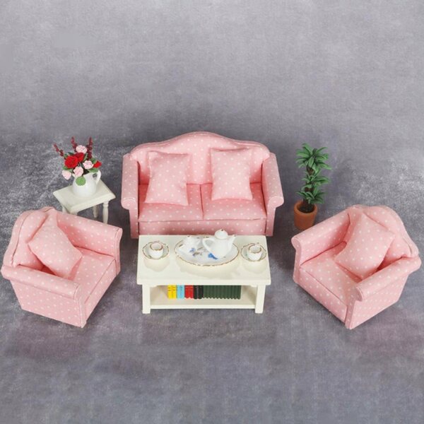 Holzmöbel-Set für Puppenhaus 1:12 – Rosa Sofa mit Kissen