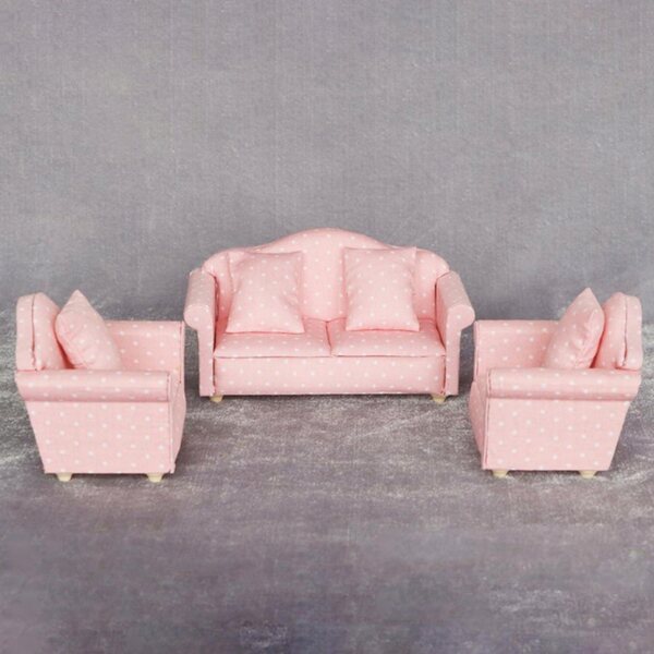 Holzmöbel-Set für Puppenhaus 1:12 – Rosa Sofa mit Kissen