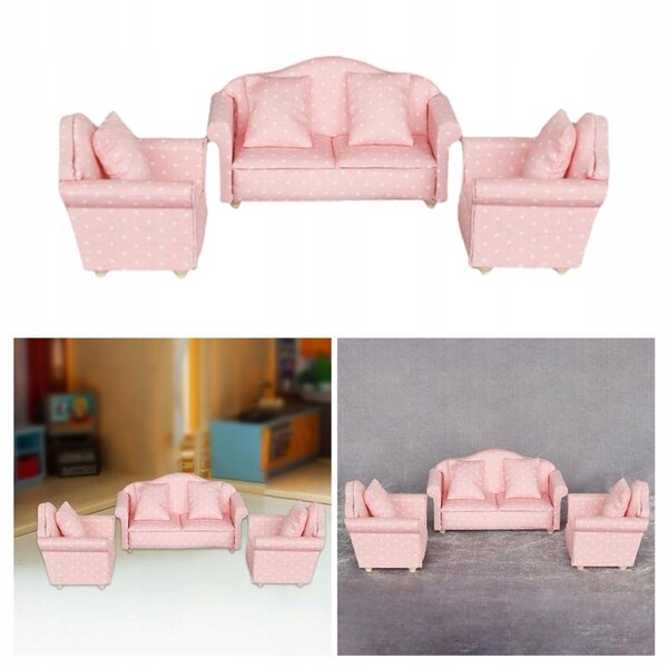 Holzmöbel-Set für Puppenhaus 1:12 – Rosa Sofa mit Kissen