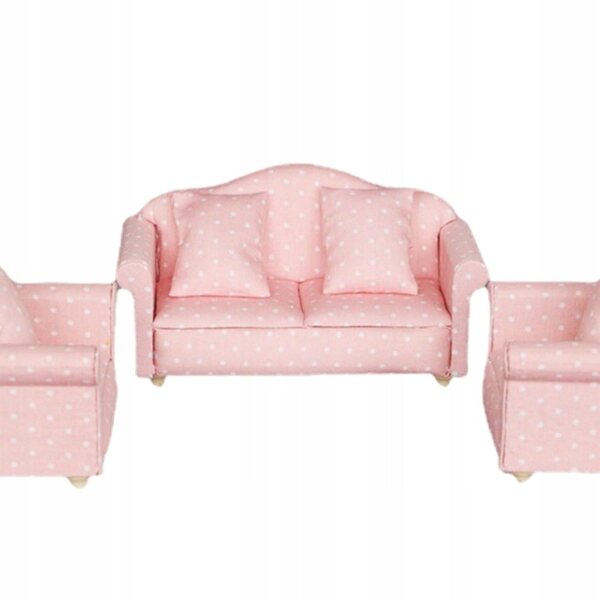 Holzmöbel-Set für Puppenhaus 1:12 – Rosa Sofa mit Kissen
