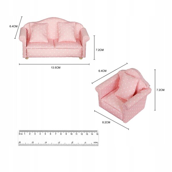 Holzmöbel-Set für Puppenhaus 1:12 – Rosa Sofa mit Kissen