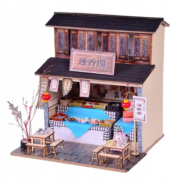 DIY-Puppenhaus-Bausatz aus Holz im Maßstab 1:24 mit Vintage-Möbeln und LED-Leuchten