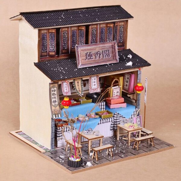 DIY-Puppenhaus-Bausatz aus Holz im Maßstab 1:24 mit Vintage-Möbeln und LED-Leuchten