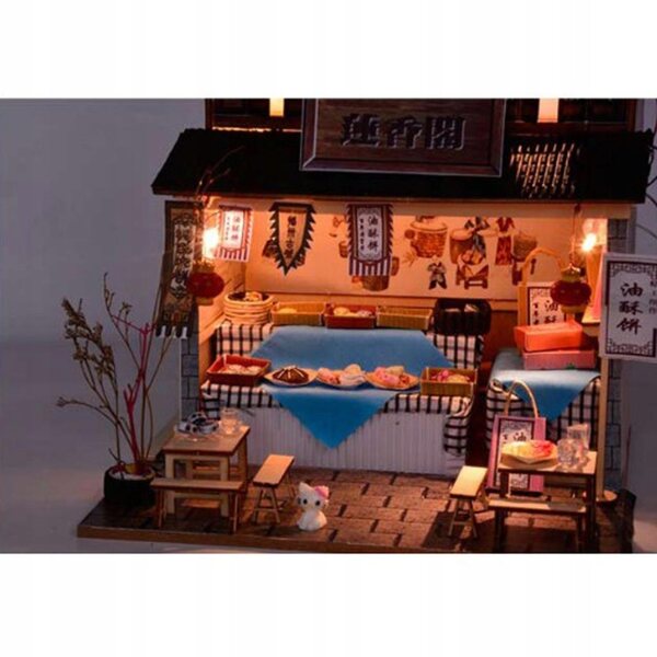 DIY-Puppenhaus-Bausatz aus Holz im Maßstab 1:24 mit Vintage-Möbeln und LED-Leuchten