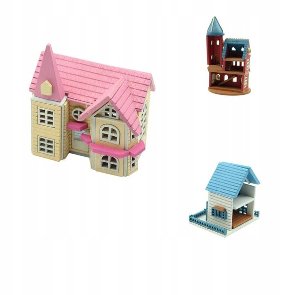 DIY Miniatur 1:12 Puppenhaus aus rotem, rosa oder blauem Holz – handgefertigtes Modell