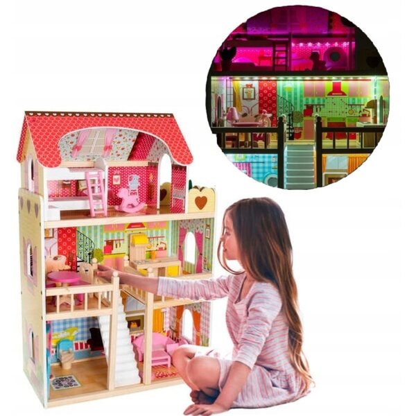 Casa delle Bambole in Legno XXL con LED e Accessori – 90 cm di Altezza