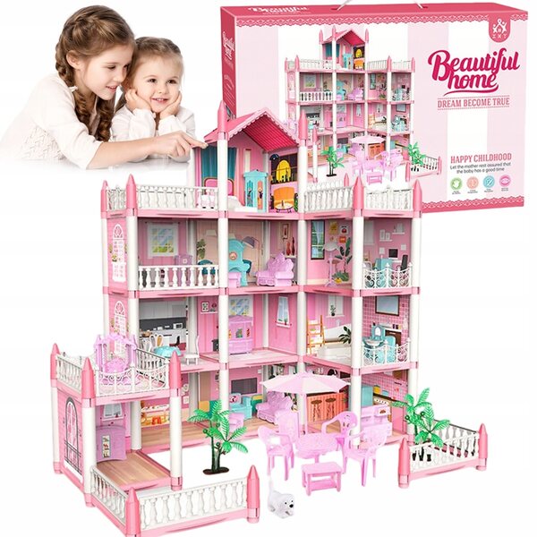 4-stöckige Puppenhaus-Villa für Kinder mit Möbeln, Zubehör und Nachtlichtern