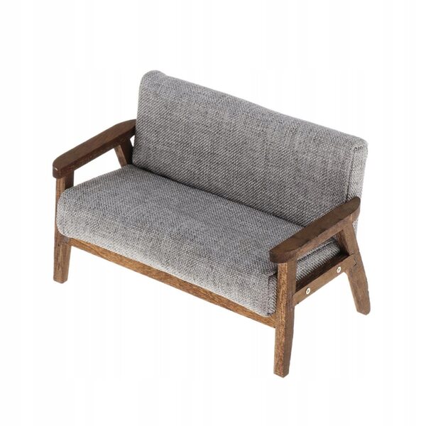 Miniatuur tweepersoonsbank voor poppenhuis 1:12 - Loveseat grijs van hout en stof