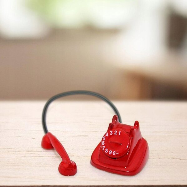 Telefono miniatura vintage 1:12 per casa delle bambole in legno metallo rosso