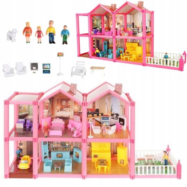 Casa delle bambole Luxma 36 cm con attrezzatura – rosa, 2 piani, 136 elementi