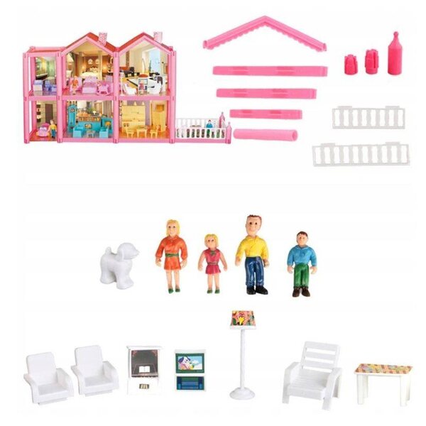 Casa delle bambole Luxma 36 cm con attrezzatura – rosa, 2 piani, 136 elementi