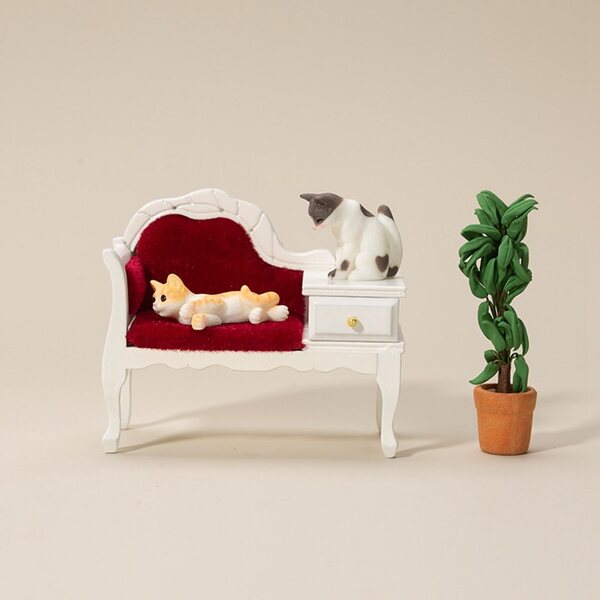 Sofa in legno bianca e rossa per casa delle bambole scala 1:12, divano moderno e apribile