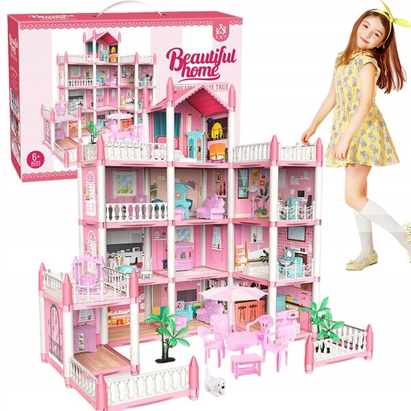 Grande casa delle bambole con 4 piani, accessori, mobili, luci e terrazza per bambine