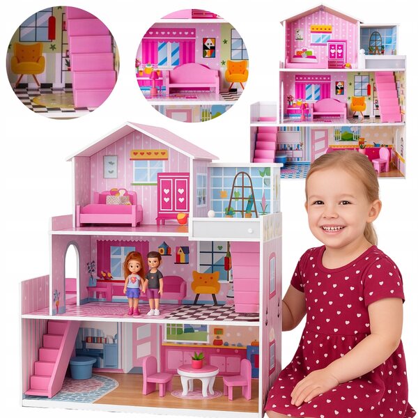 Grande casa delle bambole in legno 70cm con mobili colorati per bambine