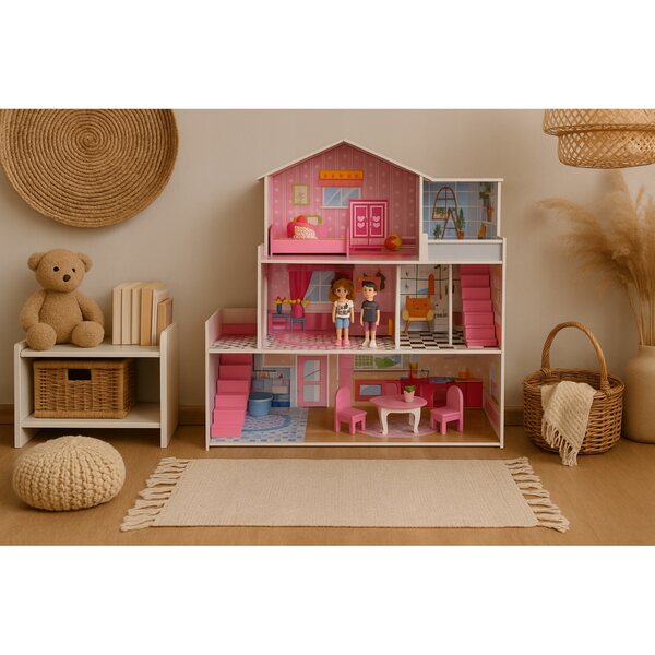 Grande casa delle bambole in legno 70cm con mobili colorati per bambine