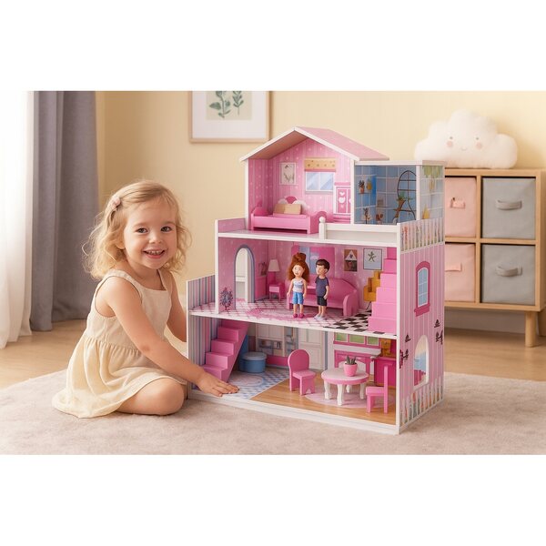 Grande casa delle bambole in legno 70cm con mobili colorati per bambine