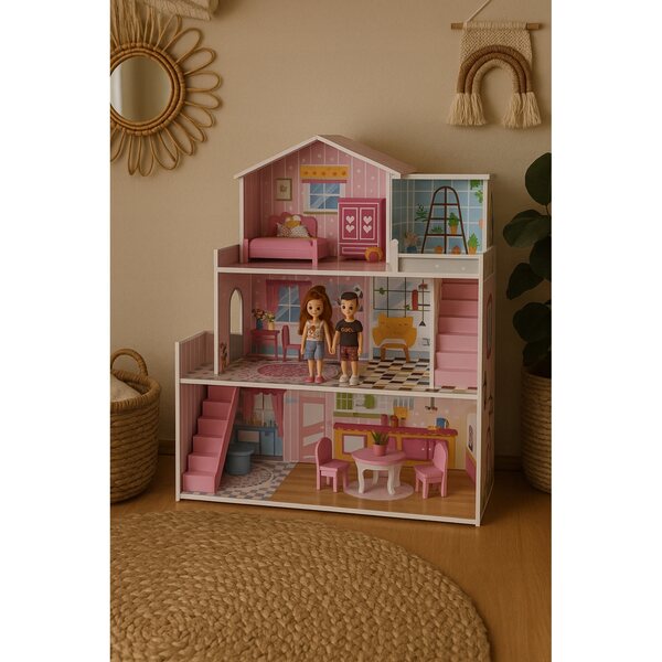 Grande casa delle bambole in legno 70cm con mobili colorati per bambine