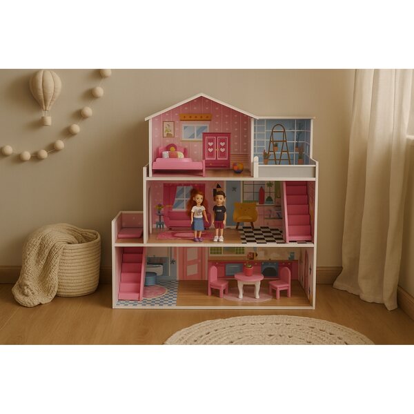 Grande casa delle bambole in legno 70cm con mobili colorati per bambine