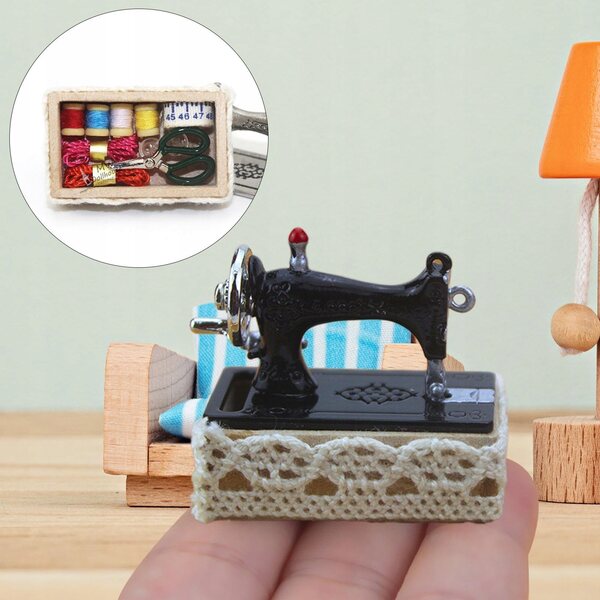 1:12 Mini-Nähmaschine für Puppenhaus aus schwarzem Harz und Legierung