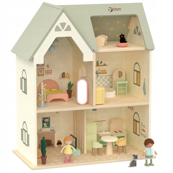 CLASSIC WORLD Wielki Drewniany Domek Dla Lalek Mebelki Postacie Zwierzaki