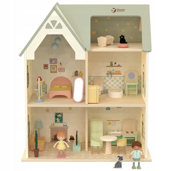 CLASSIC WORLD Wielki Drewniany Domek Dla Lalek Mebelki Postacie Zwierzaki