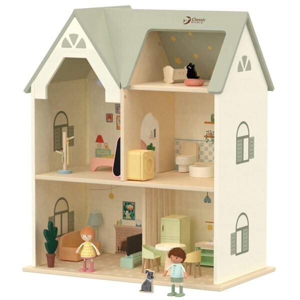 CLASSIC WORLD Wielki Drewniany Domek Dla Lalek Mebelki Postacie Zwierzaki