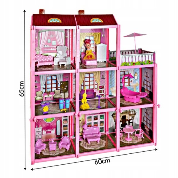 3-stöckiges Puppenhaus mit Balkon, einer Puppe und 22 Möbelstücken – ein kreatives Set