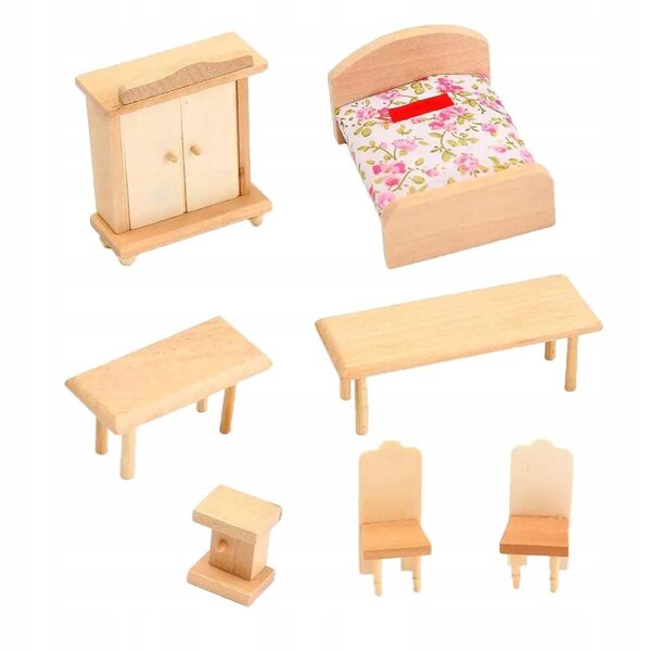 1:12 Puppenhaus-Möbelset aus Holz – Schlafzimmerminiaturen
