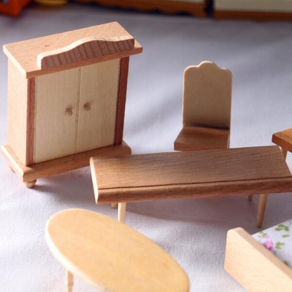 1:12 Puppenhaus-Möbelset aus Holz – Schlafzimmerminiaturen