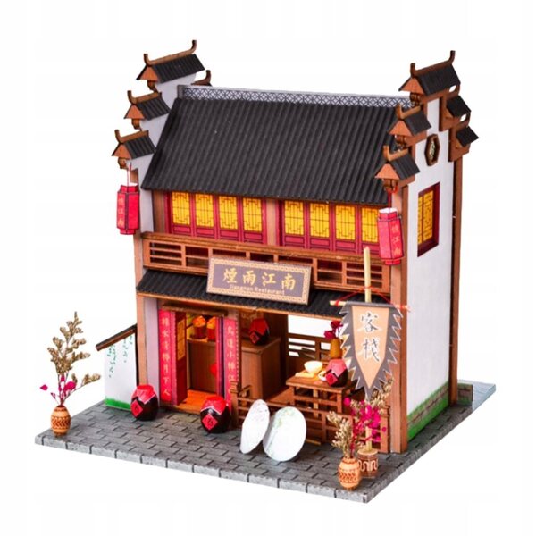 Casa delle bambole 1:24 set locanda cinese in legno fai-da-te con mobili e LED
