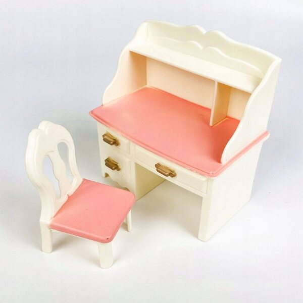 Miniaturistico bianco-rosa set scrivania e sgabello in ABS per bambole OB11
