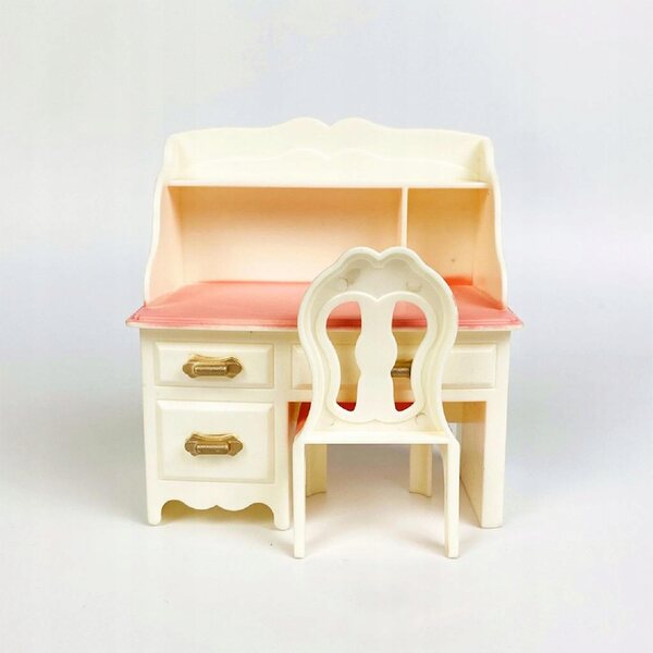 Miniaturistico bianco-rosa set scrivania e sgabello in ABS per bambole OB11
