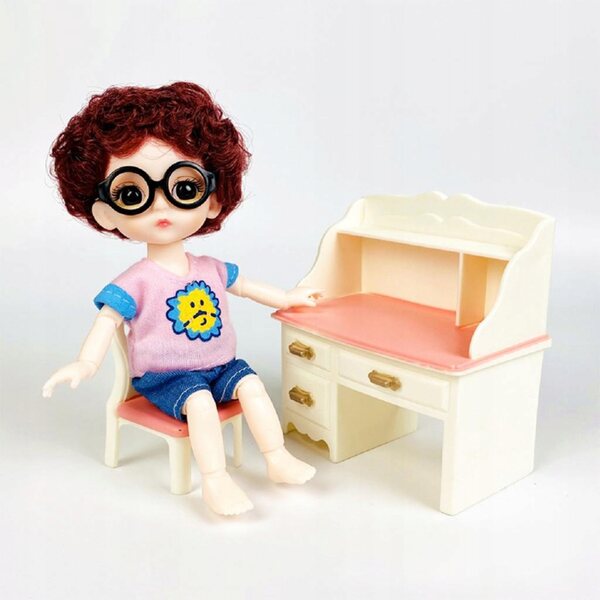 Miniaturistico bianco-rosa set scrivania e sgabello in ABS per bambole OB11