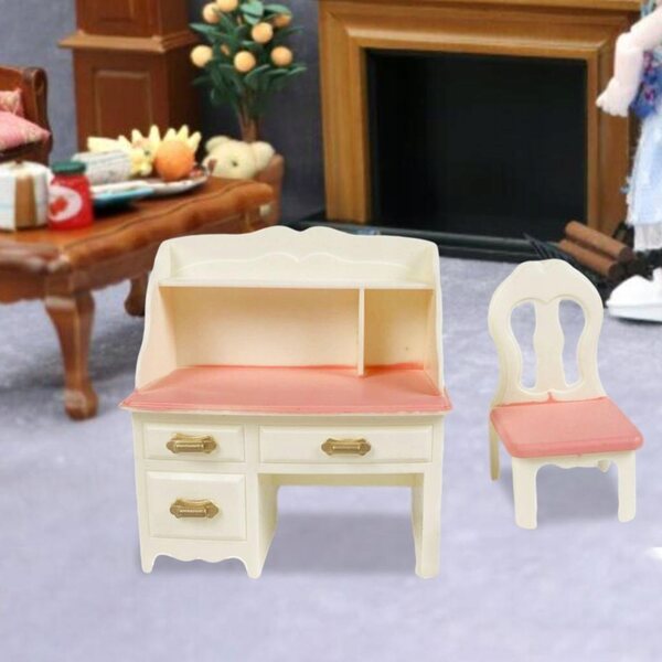 Miniaturistico bianco-rosa set scrivania e sgabello in ABS per bambole OB11