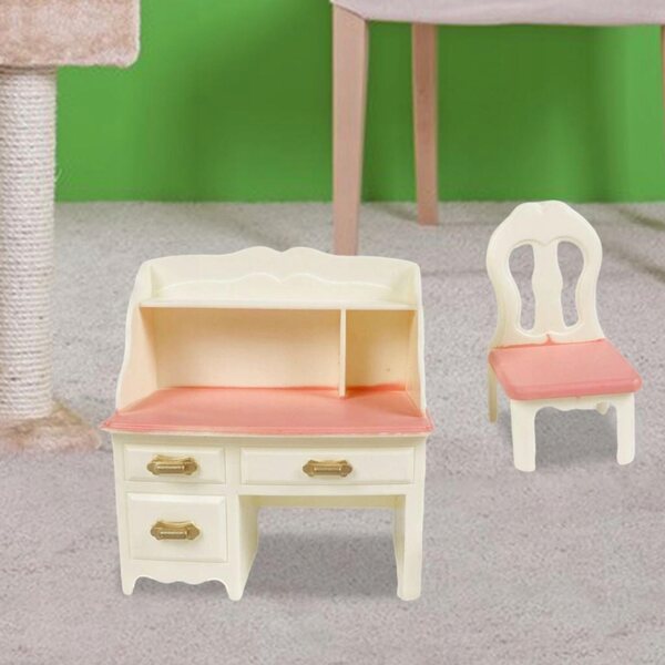 Miniaturistico bianco-rosa set scrivania e sgabello in ABS per bambole OB11