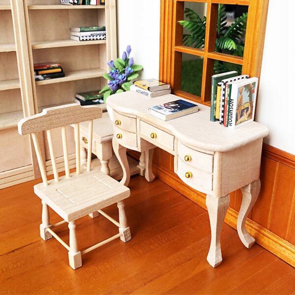 Cottage per bambole in legno 1:12 con scrivania e sedia miniatura realistica