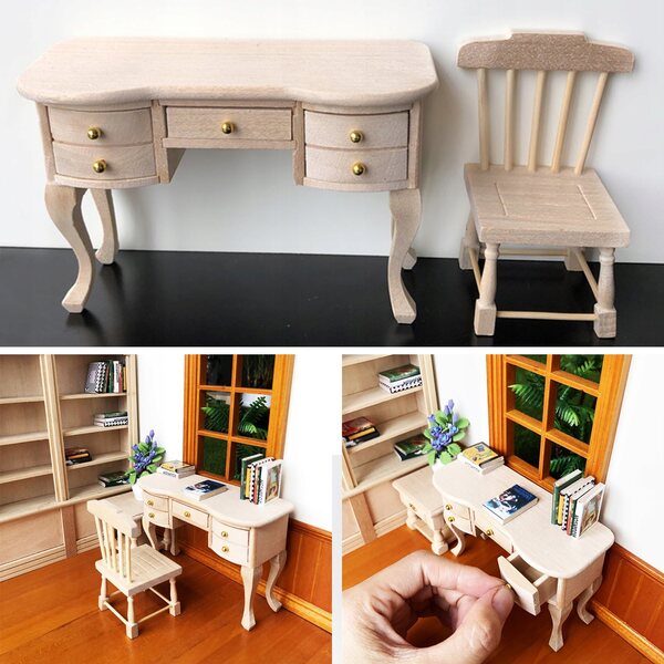 Cottage per bambole in legno 1:12 con scrivania e sedia miniatura realistica