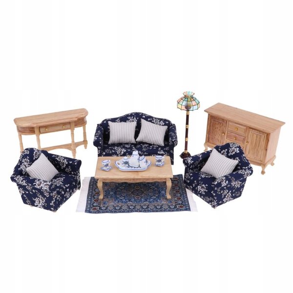 Miniatur-Möbelset 1:12 Wohnzimmer mit Sofa, Couchtisch, Lampe und Zubehör