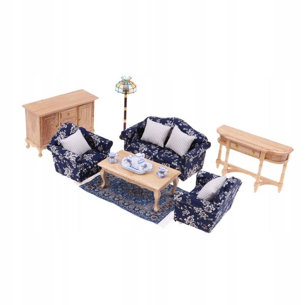 Miniatur-Möbelset 1:12 Wohnzimmer mit Sofa, Couchtisch, Lampe und Zubehör