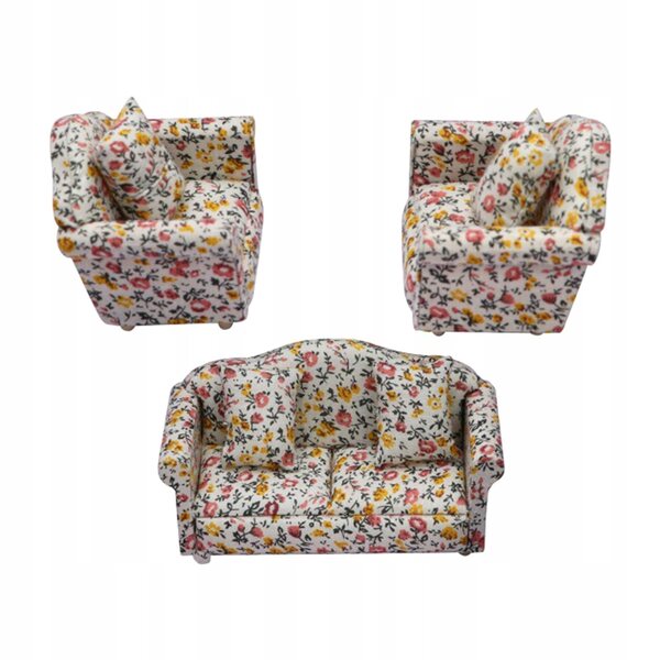 Mini set vintage di divani e cuscini per casa delle bambole in legno e cotone