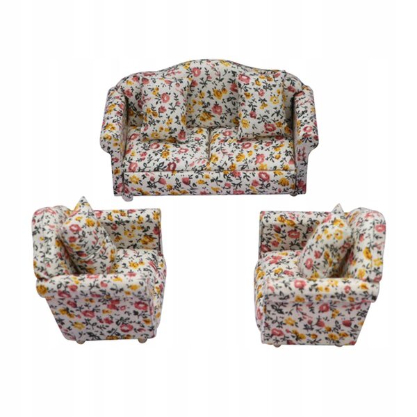 Mini set vintage di divani e cuscini per casa delle bambole in legno e cotone