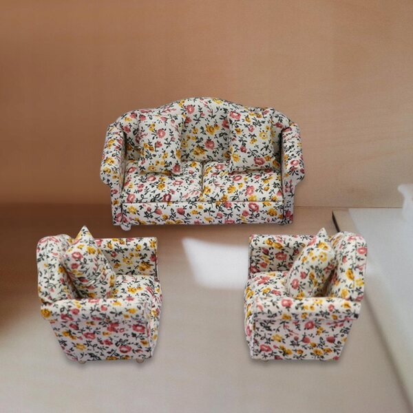 Mini set vintage di divani e cuscini per casa delle bambole in legno e cotone
